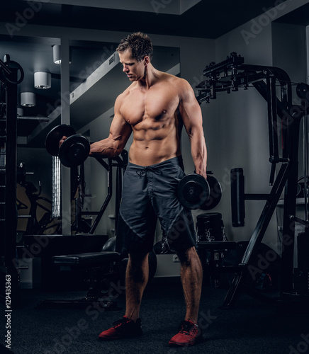 Sporty male doing biceps workouts. © Fxquadro
