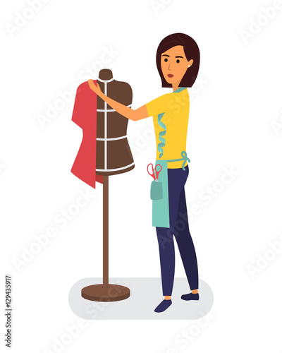 Tailor profession. Clothing designer woman with mannequin. Sewing workshop class.