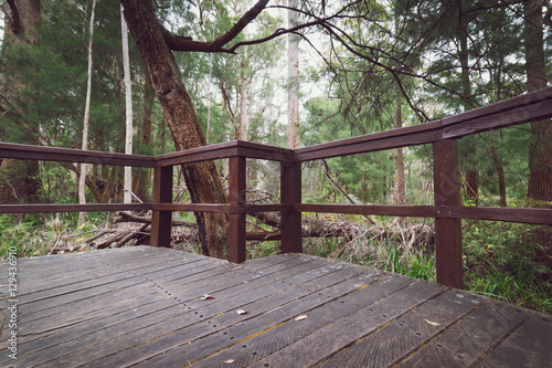 Wood balcony with mountain landscape view.vintage toning  filter add .