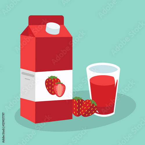 Strawberry juice in glass. Carton box. Vector illustration. Flat design style