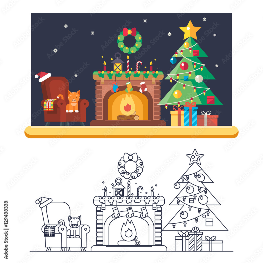 Cristmas Room New Year Santa Claus Icons Greeting Card Elements Flat Lineart Design Template Vector Illustration