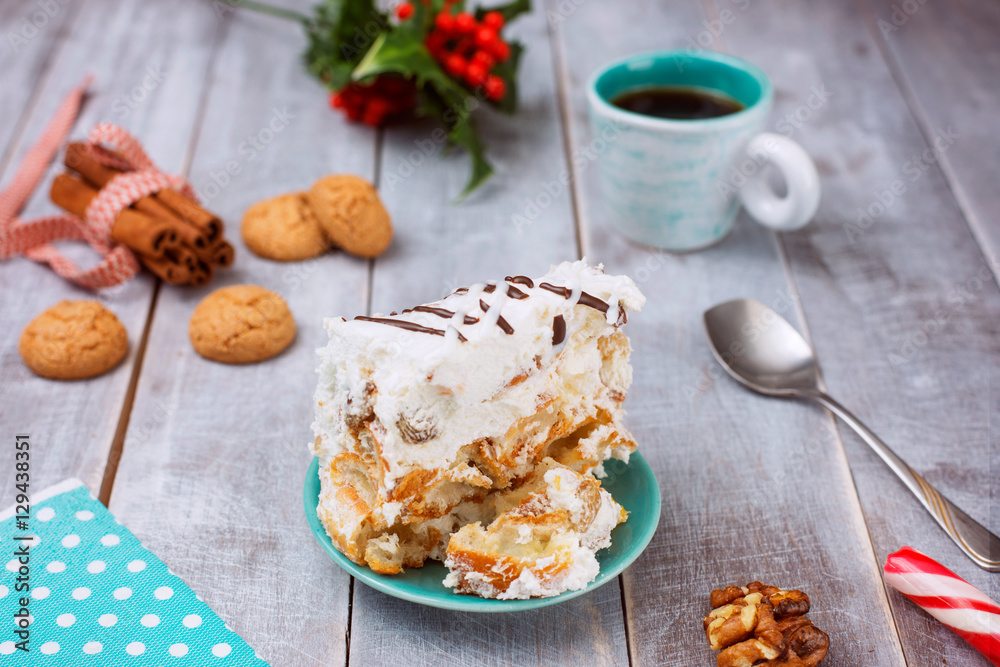 New Year and Christmas decor Homemade Cake with Coffee New Year and Christmas decor Homemade Cake with Coffee