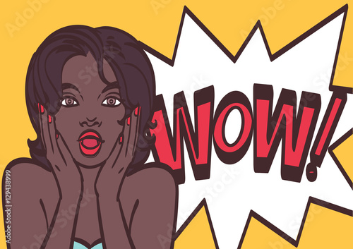 Wonderful african woman with speech WOW bubble. Vector colorful background in pop art retro comic style.   girl.   