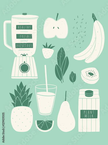 Smoothie set. Vector illustration of blender and fruits for smoothie. Kitchen poster