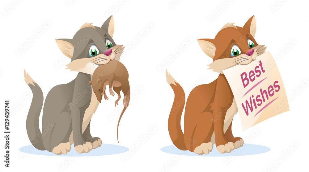 Cat. Rat. Best Wishes. Cartoon styled vector illustration. Elements is grouped and divided into layers for easy edit.