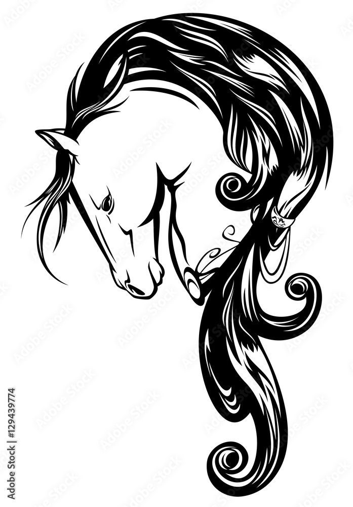 fairy tale horse with long mane - black and white vector outline fairy tale horse with long mane - black and white vector outline
