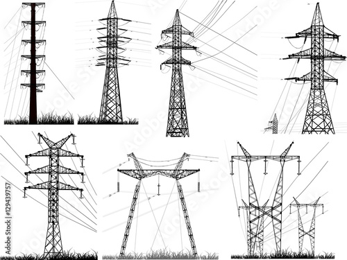 set of seven isolated electric pylons with wares