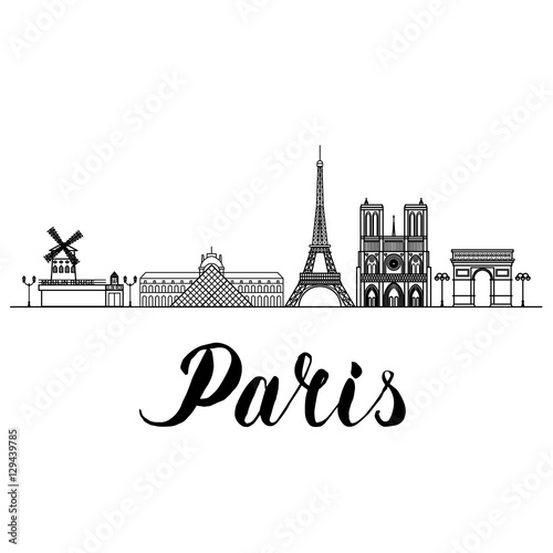 Paris landmarks line art illustration with hand drawn lettering