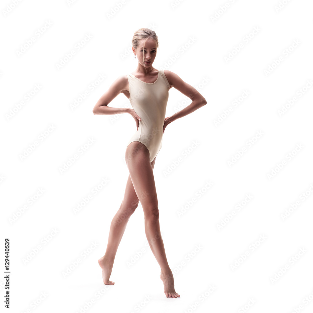 young beautiful dancer in beige swimsuit young beautiful dancer in beige swimsuit