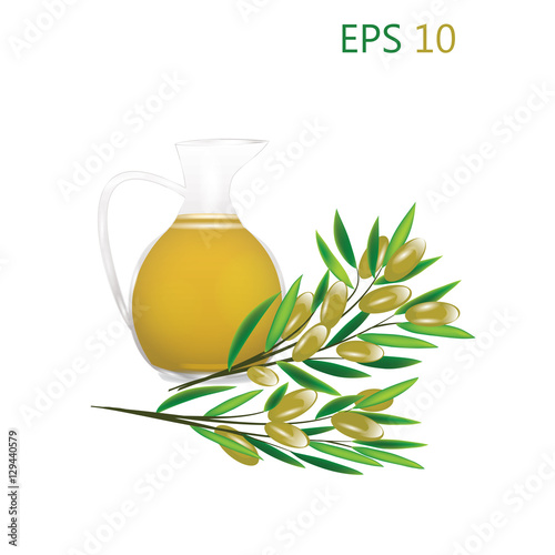 glass jar with oil green olives on branch with leaves isolated white background vector