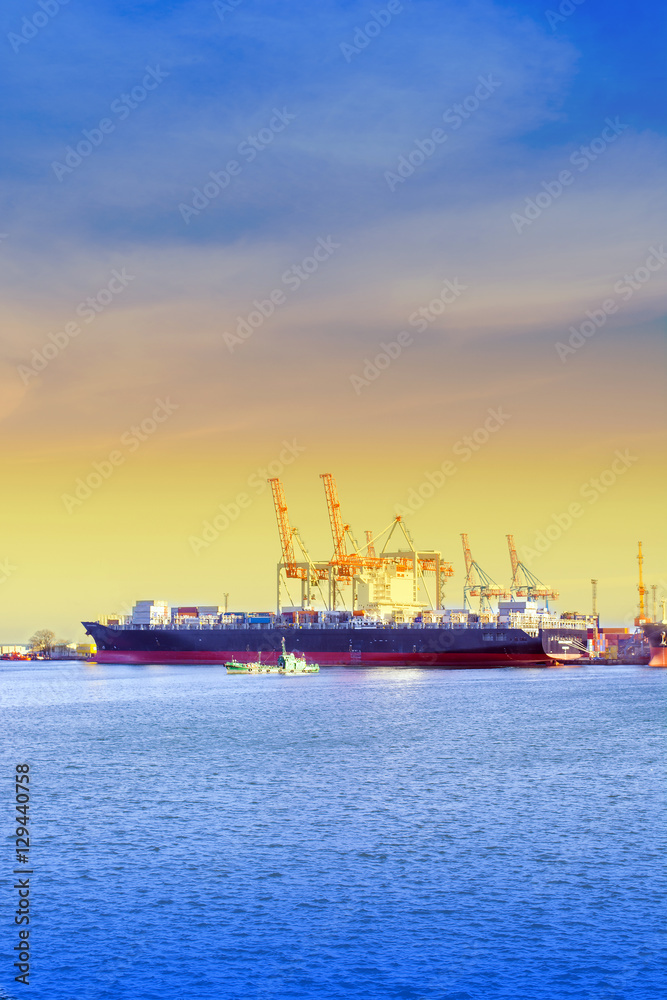 Panorama of the port. Sea. Ship. Cranes.