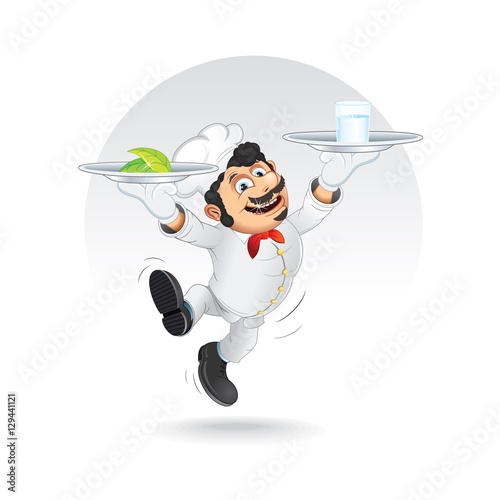 Funny Chef Cook with Diet Food on Dishes. Vector
