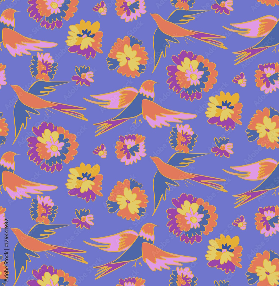 Obraz premium Floral seamless background pattern with flowers and birds. Colorful vector illustration hand drawn. Spring - summer season. 