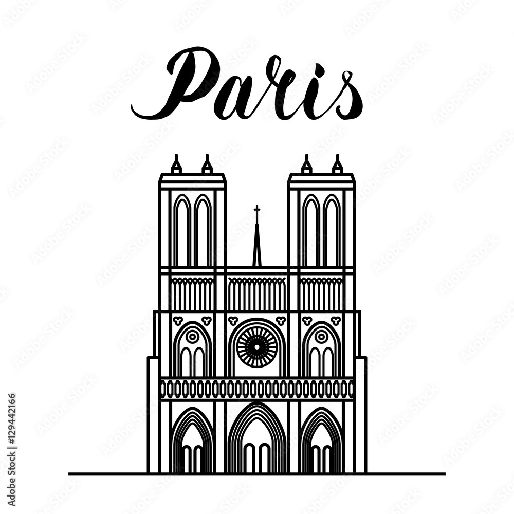 Obraz premium Paris landmark Notre-Dame line art illustration with hand drawn lettering