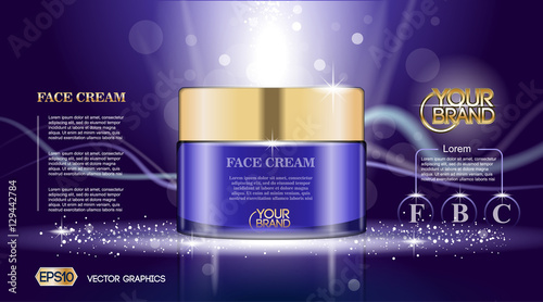 Digital vector glass face cream purple container mockup, with your brand, ready for print ads or magazine design. Transparent and shine, realistic 3d style