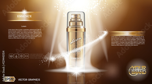 Digital vector golden glass bottle spray essence mockup on brown background, with your brand, ready for print ads or magazine design. Transparent and shine, realistic 3d style