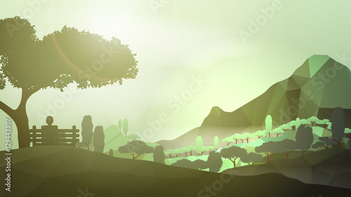 Abstract Green Forest Mountain with Man Sitting in the Foregroun