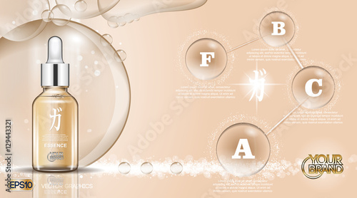 Digital vector silver glass bottle oil essence mockup on water brown background, with your brand, ready for print ads or magazine design. Transparent liquid and bubbles, realistic 3d style