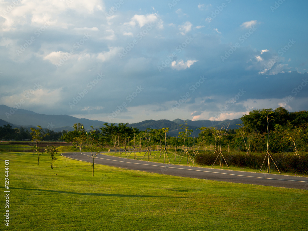 Beautiful green field with mountain background in blue sky day Beautiful green field with mountain background in blue sky day