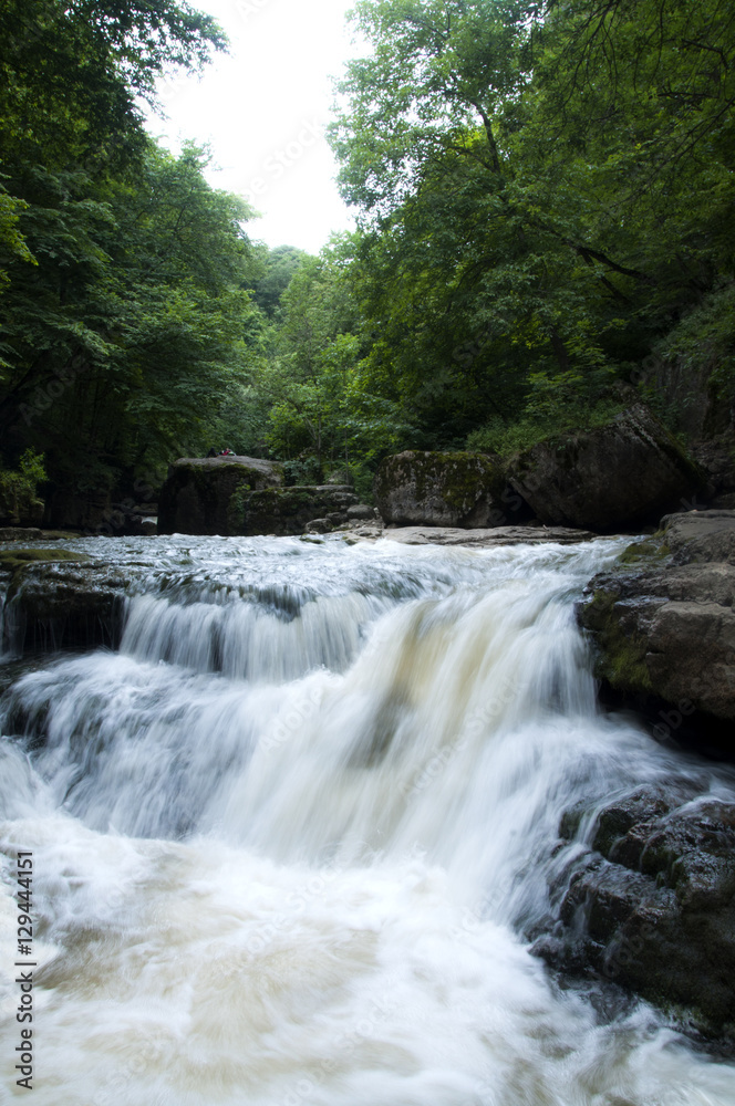 Waterfall in the forest surrounded with rocks and green trees