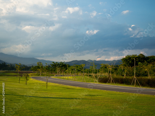 Beautiful green field with mountain background in blue sky day