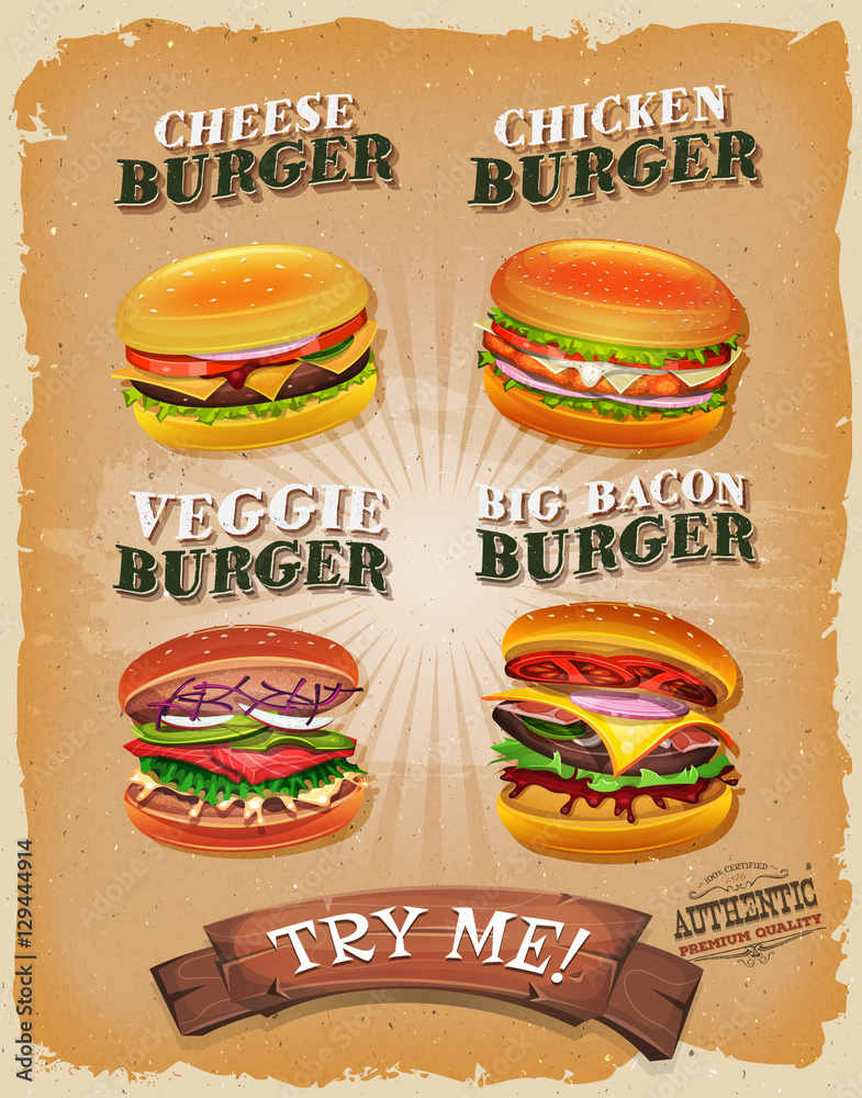Plakat Menu Burger Grunge I Vintage