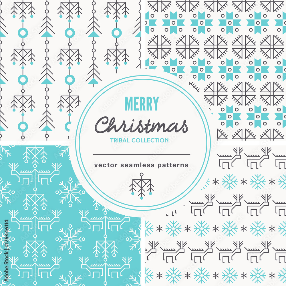 Christmas seamless patterns with outlined holiday and winter signs.