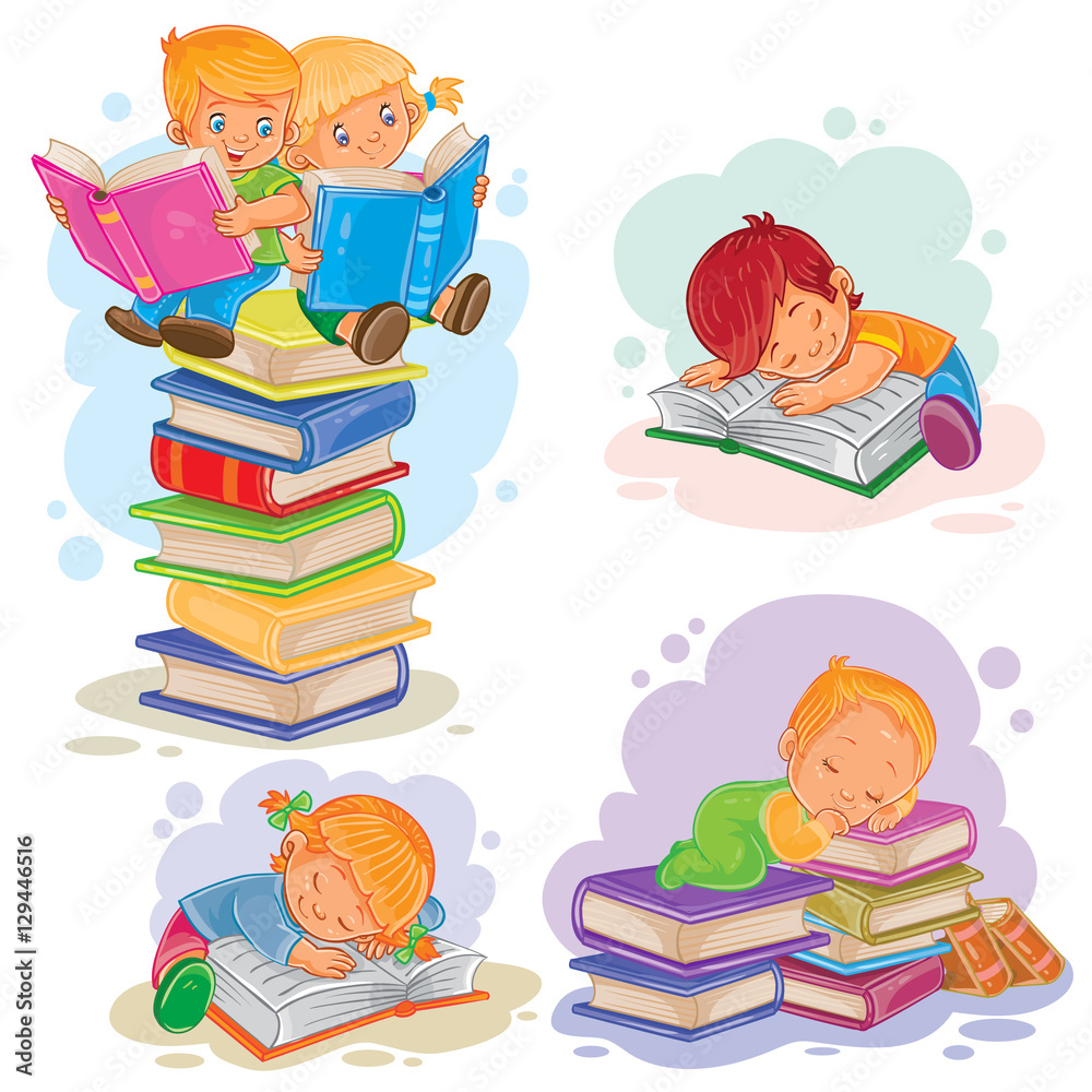 Set icons of small children reading a book