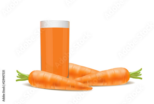 glass of carrot juice and fresh carrots on white background