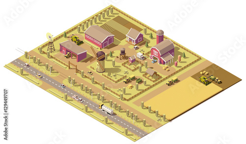 Vector isometric low poly farm. Farm buildings and agricultural equipment and machinery