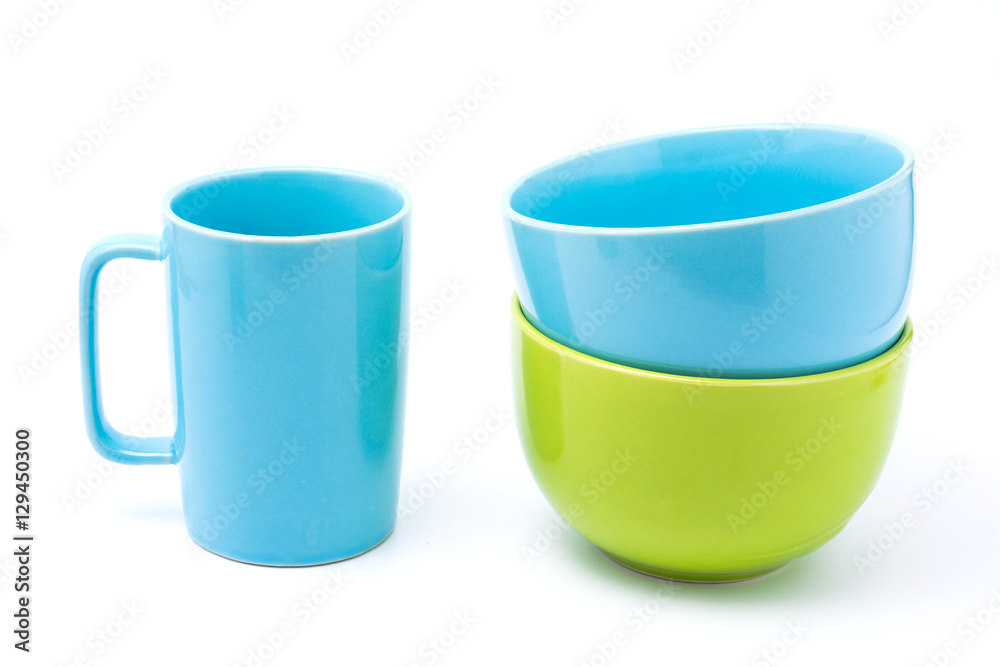 light blue coffee cup and light blue bowl and green bowl light blue coffee cup and light blue bowl and green bowl