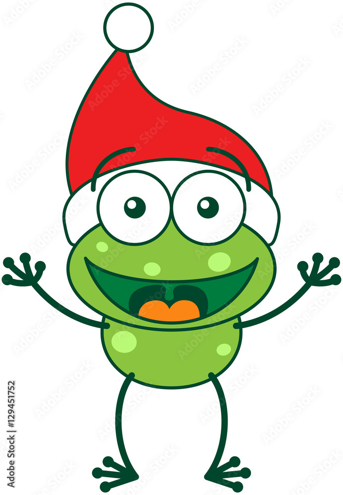 Naklejka premium Cute green frog with spotted skin ears, long legs and wearing a Santa hat while wide opening its eyes, stretching its arms, smiling and greeting enthusiastically