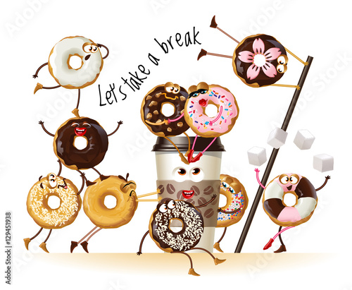 Design a poster with cartoon characters donuts