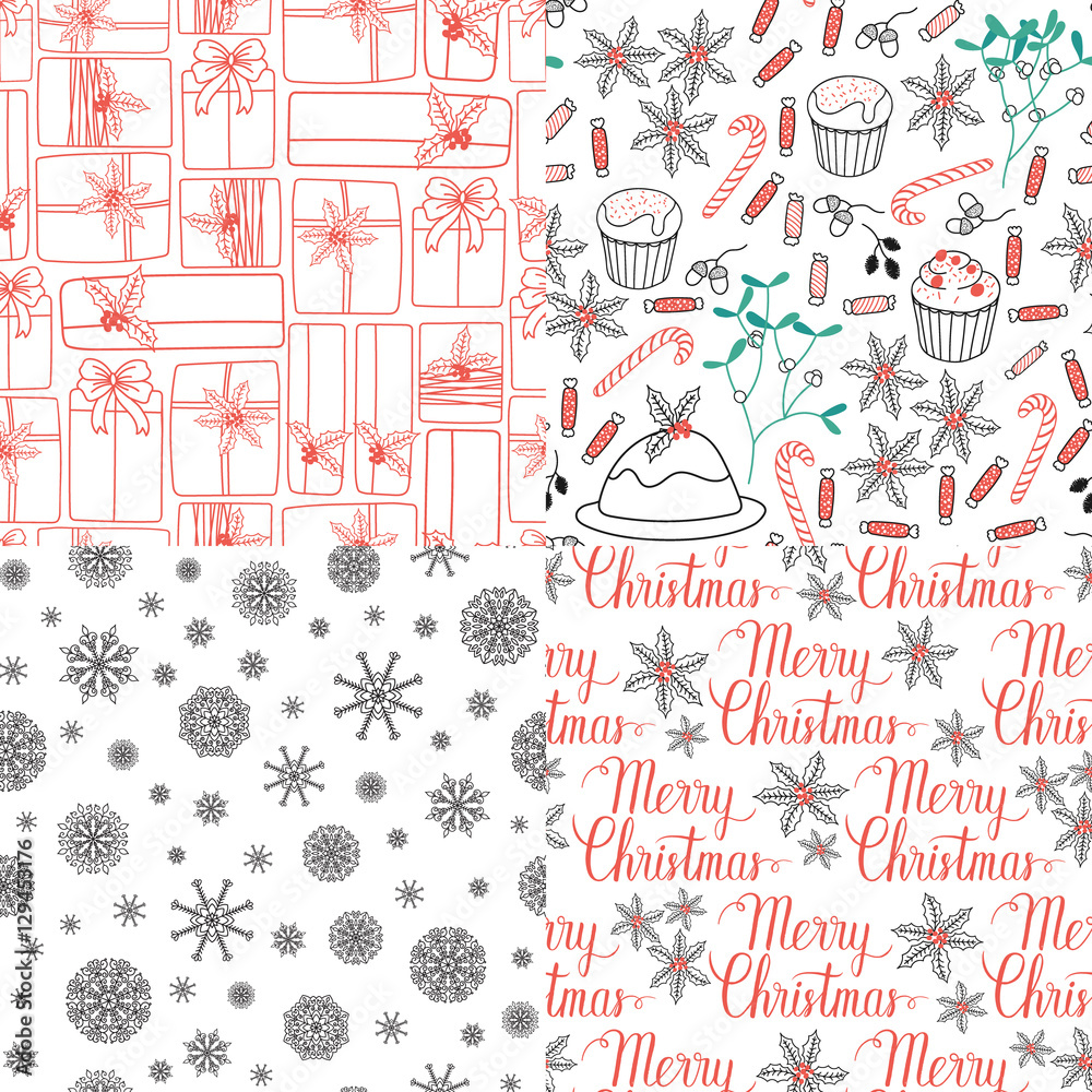 Naklejka premium Winter Holiday seamless patterns set with Merry Christmas hand lettering and gifts, snowflakes, mistletoe, cakes, pie. Vector background for Christmas design.