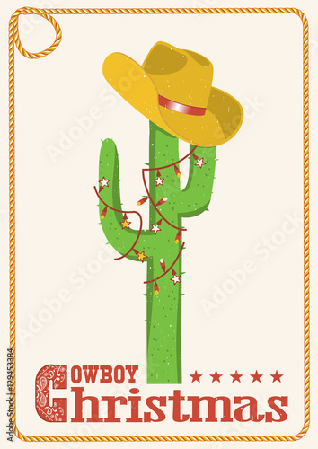 Cowboy christmas  card with cactus and western hat.