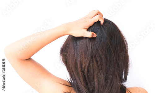 Closeup woman hand itchy scalp, Hair care concept