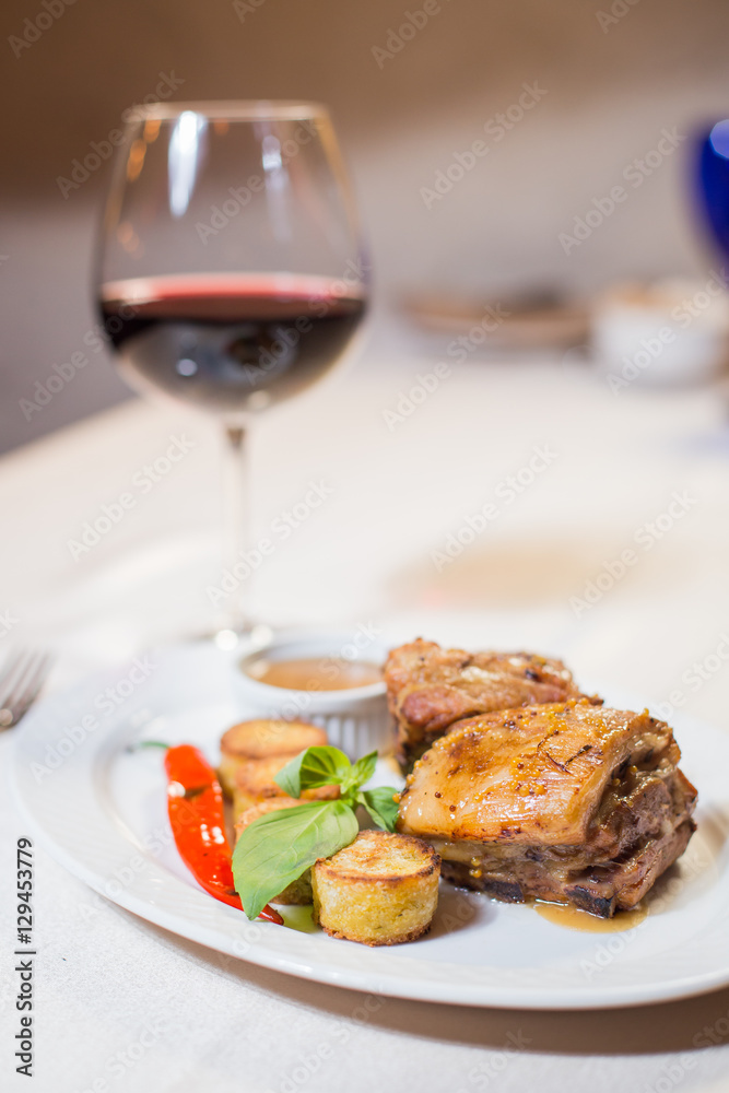 Delicious dinner. Steak with cheese balls with chilli and wine