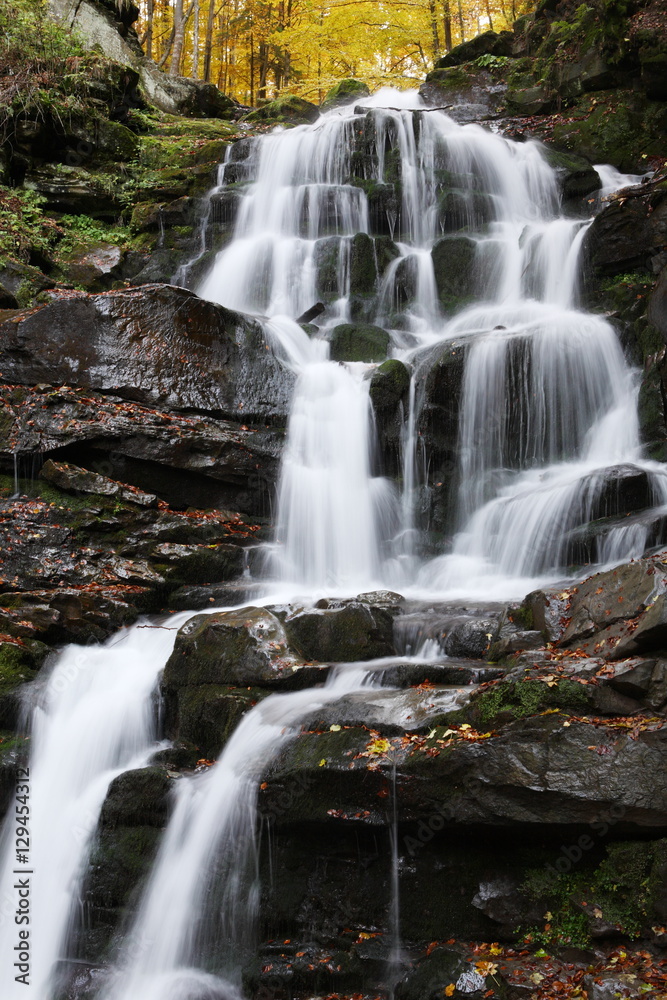 Beautiful view of the waterfall in the beech forest in the golden autumn season.