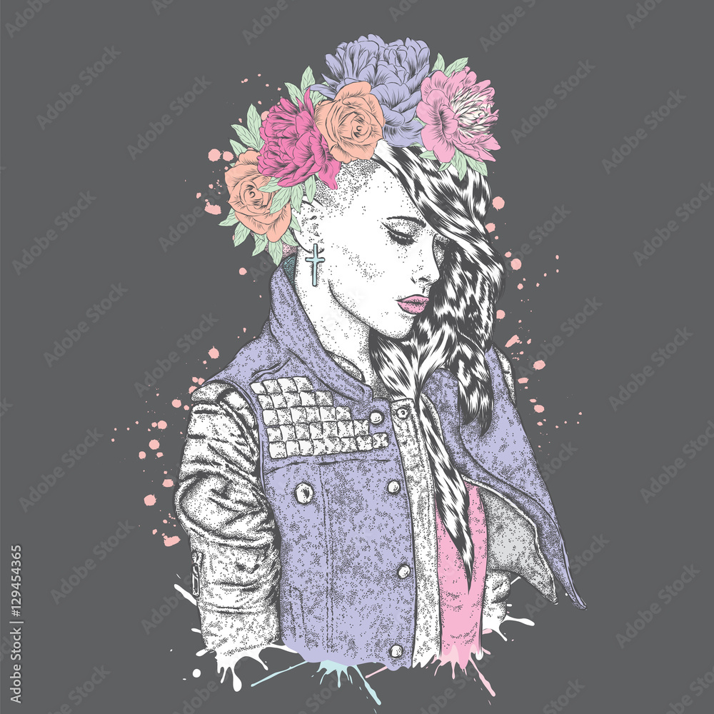 Beautiful girl with a fashionable hairstyle. The girl in a wreath. Vector illustration for a card or poster, print on clothes. Clothes shop, tattoo parlor or hairdresser. Fashion & Style. Barbershop.