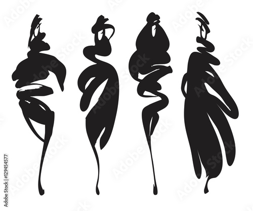 Fashion models sketch hand drawn , stylized silhouettes isolated on white. Vector fashion illustration set.
