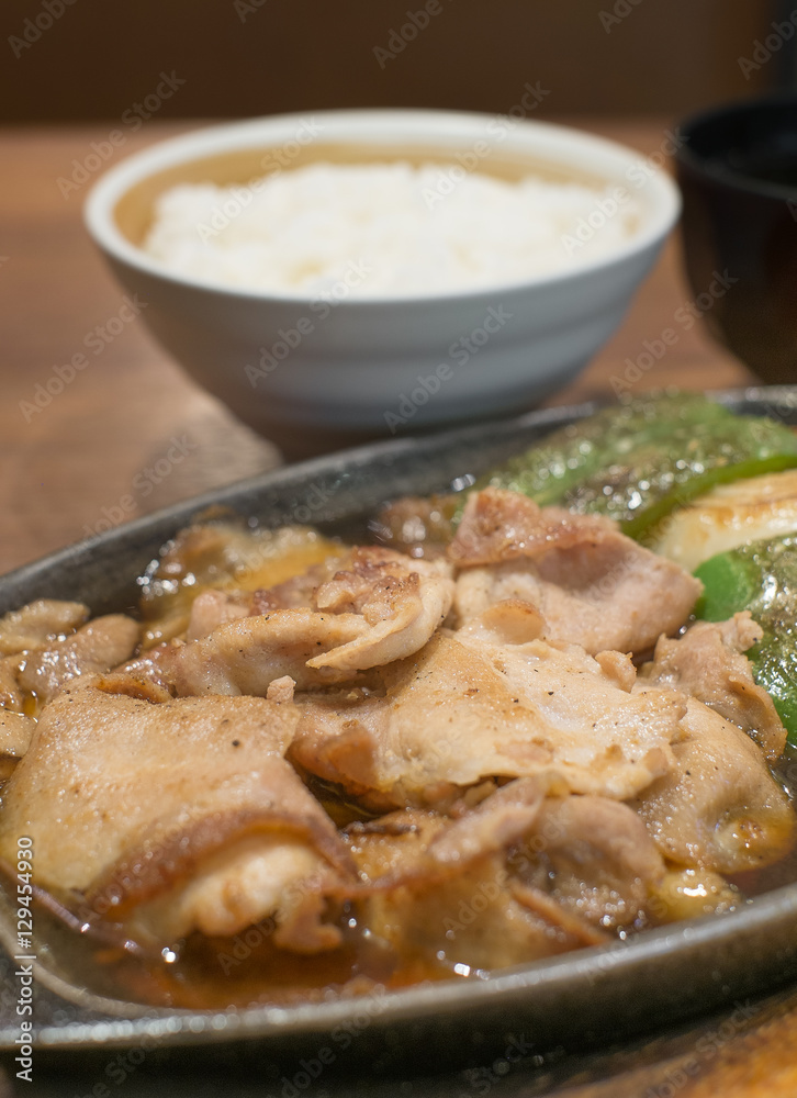 Pork teriyaki set with rice on wood table