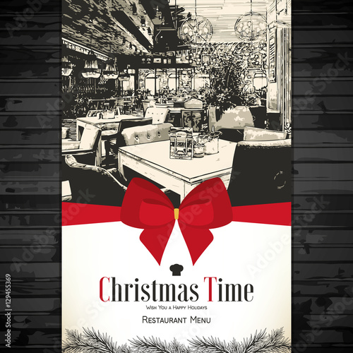 Christmas Holidays restaurant menu design. Vector menu brochure template for cafe, coffee house, restaurant, bar. Food and drinks logotype symbol design. With a sketch pictures