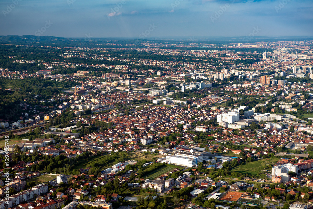 Western part of Zagreb, the capital of Croatia, as seen from air. The cathedral is seen in the distance.