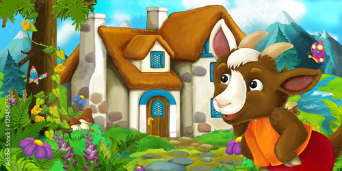 Fototapeta Cartoon scene with goat near village house - illustration for children
