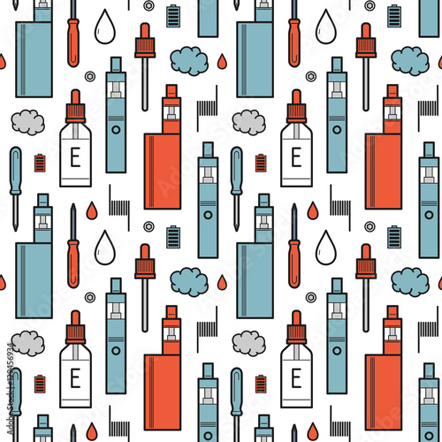 Vector seamless pattern for vape shop and vape service, e-cigarette store, color print isolated on white background. Wrapping paper pattern