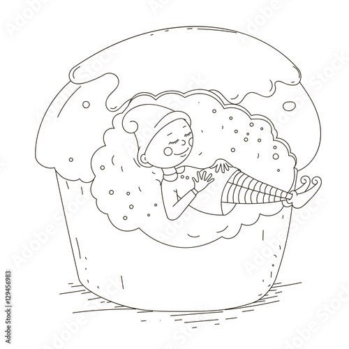 Gnome sleeping in the cake. Isolated vector object.