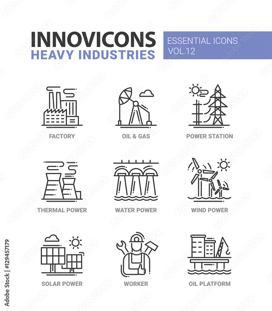 Heavy industry line design icons set