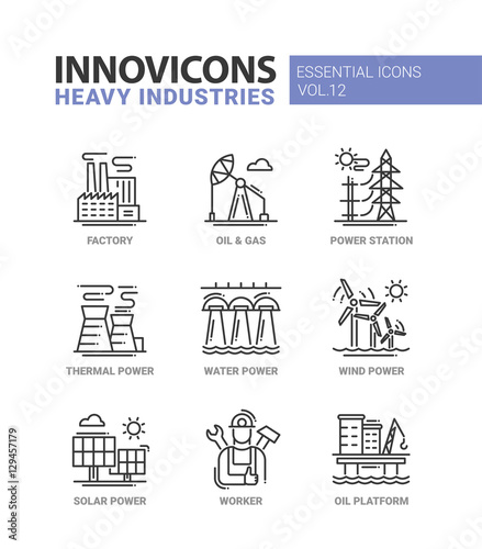 Heavy industry line design icons set