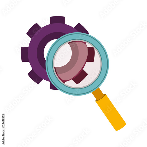 purple silhouette gear wheel and magnifying glass vector illustration