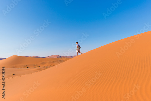 Tourist walking on the scenic dunes of Sossusvlei  Namib desert  Namib Naukluft National Park  Namibia. Afternoon light. Adventure and exploration in Africa.